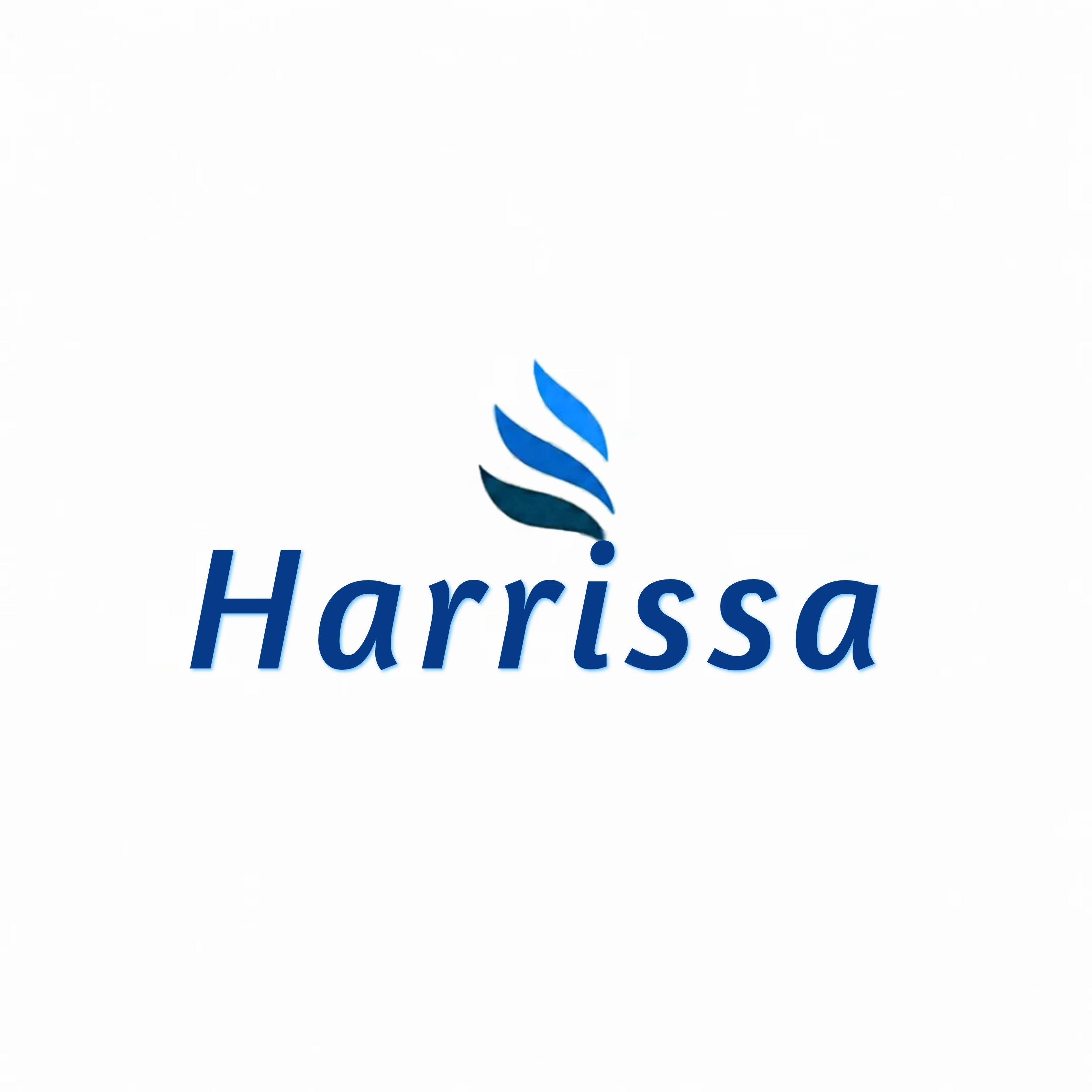 Harrissa Healthcare company logo featuring a stylized blue flame emblem above the brand name “Harrissa” in bold, italic dark blue lettering on a clean white background.